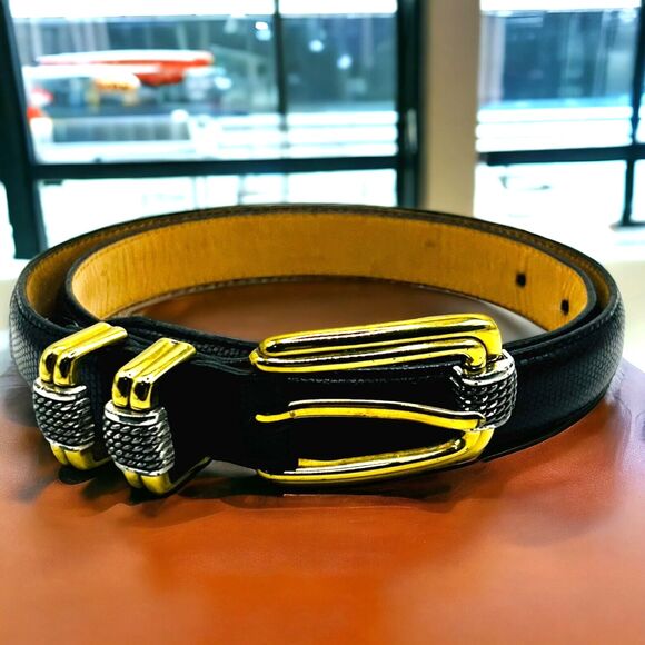 Vintage BRIGHTON Classics Reptile Leather Belt Black Gold Buckle Size ML 32 - Picture 1 of 10